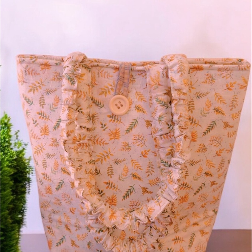 Cream and Tan Floral Canvas Tote Bag